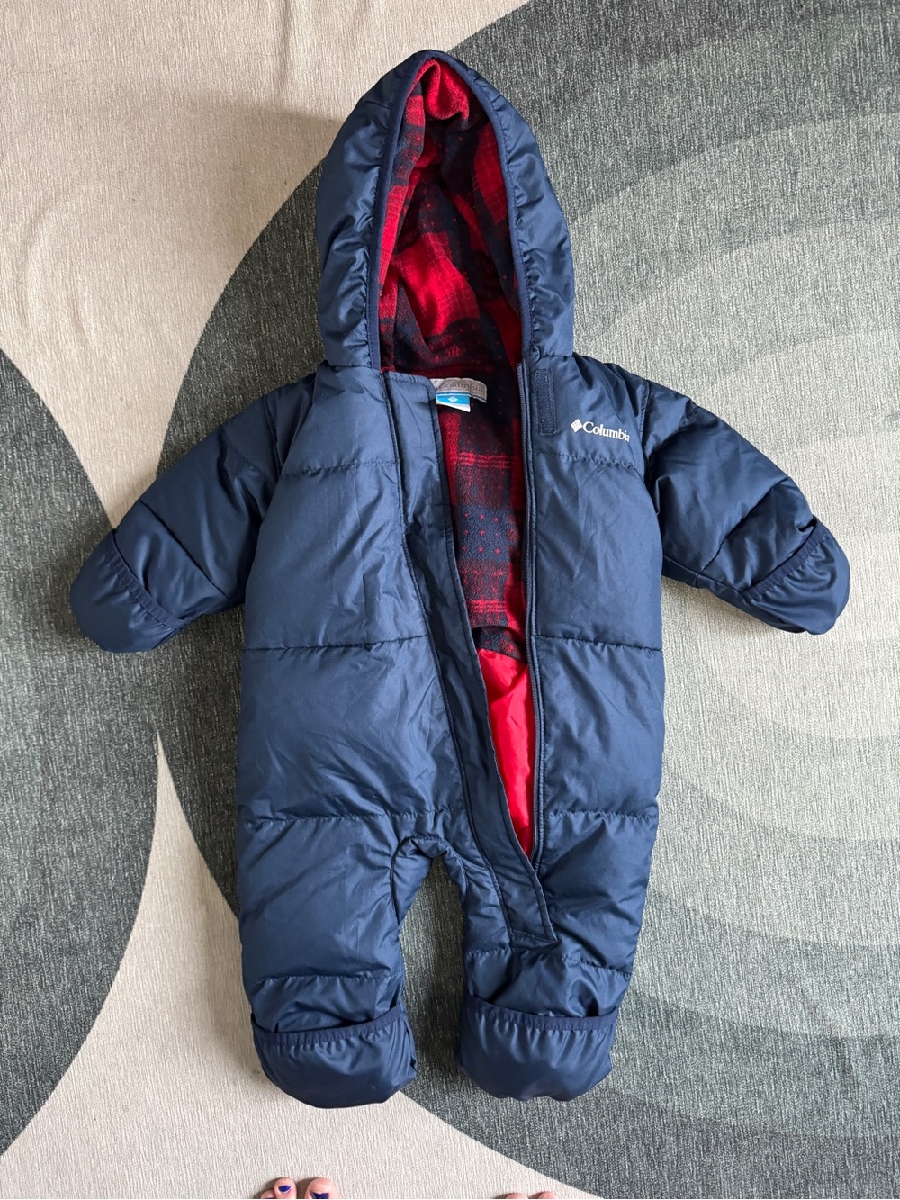 Columbia Navy Down 6-12mo Snowsuit with Red Fleece Lining
